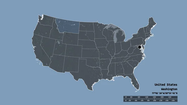 美国大陆以首都 主要地区分部和独立的蒙大拿地区为首都的绝望形态 彩色高程图 3D渲染 — 图库照片