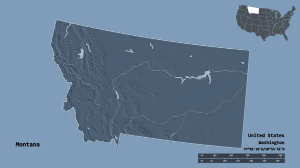 美国大陆州蒙大拿州的形状 其首都在坚实的背景下与世隔绝 距离尺度 区域预览和标签 彩色高程图 3D渲染 — 图库照片
