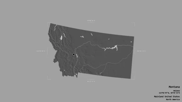 Area of Montana, state of Mainland United States, isolated on a solid background in a georeferenced bounding box. Labels. Bilevel elevation map. 3D rendering