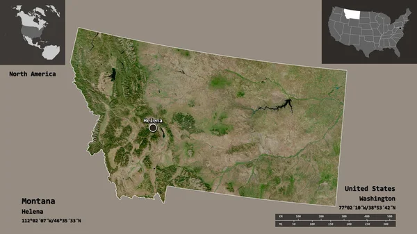 Montana 'nın şekli, Birleşik Devletler' in Anakara Eyaleti ve başkenti. Uzaklık ölçeği, ön gösterimler ve etiketler. Uydu görüntüleri. 3B görüntüleme