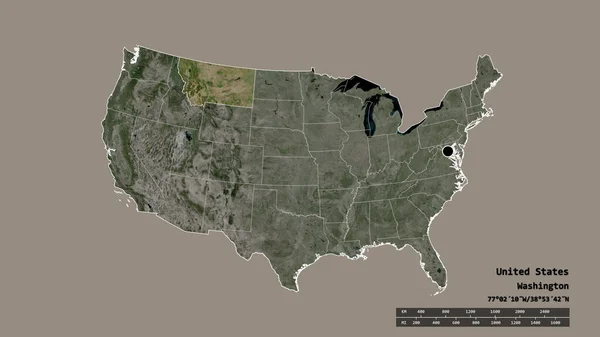 主要な地域部門と分離されたモンタナ地域を持つ米国本土の荒廃した形 ラベル 衛星画像 3Dレンダリング — ストック写真