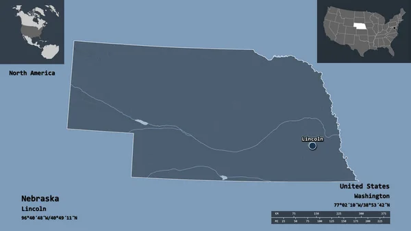 内布拉斯加州的形状 美国大陆州 及其首府 距离刻度 预览和标签 彩色高程图 3D渲染 — 图库照片