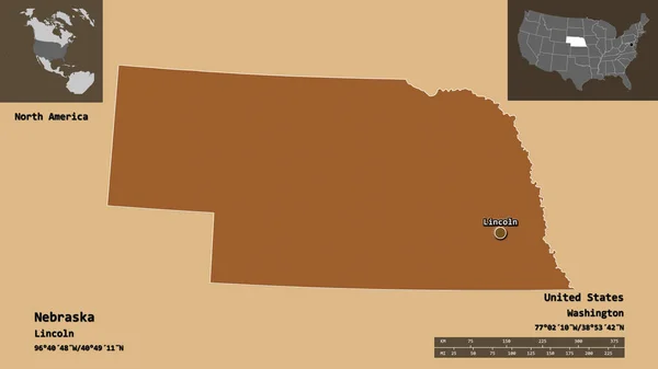 Forma Nebraska Estado Continente Estados Unidos Sua Capital Escala Distância — Fotografia de Stock
