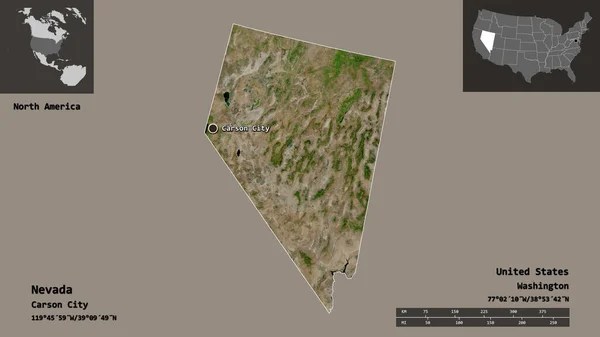 ネバダ州の形 米国本土の州 およびその首都 距離スケール プレビューおよびラベル 衛星画像 3Dレンダリング — ストック写真