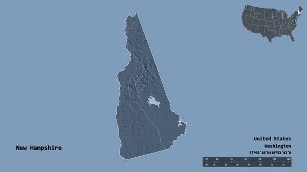 ニューハンプシャー州の形 米国本土の状態 その首都は 固体の背景に隔離されました 距離スケール リージョンプレビュー およびラベル 色の標高マップ 3Dレンダリング — ストック写真