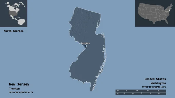 ニュージャージー州 米国本土の州 およびその首都の形状 距離スケール プレビューおよびラベル 色の標高マップ 3Dレンダリング — ストック写真