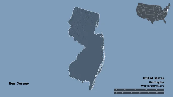 ニュージャージー州 米国本土の状態の形状は その資本がしっかりとした背景に隔離されています 距離スケール リージョンプレビュー およびラベル 色の標高マップ 3Dレンダリング — ストック写真