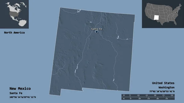 ニューメキシコ州 アメリカ合衆国本土 およびその首都の形 距離スケール プレビューおよびラベル 色の標高マップ 3Dレンダリング — ストック写真