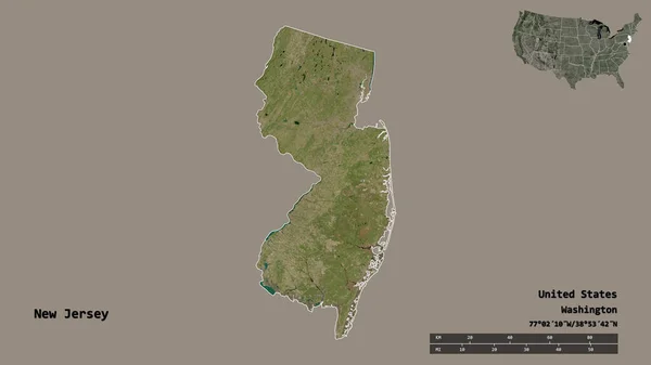 ニュージャージー州 米国本土の状態の形状は その資本がしっかりとした背景に隔離されています 距離スケール リージョンプレビュー およびラベル 衛星画像 3Dレンダリング — ストック写真