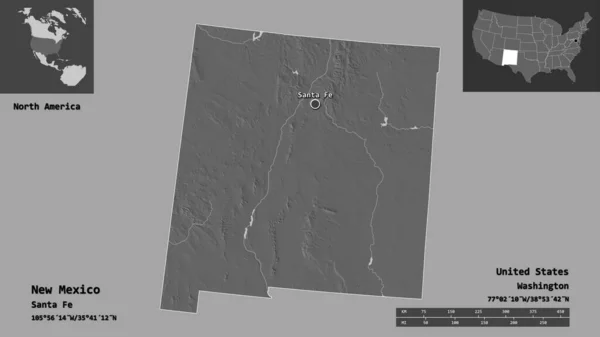 ニューメキシコ州 アメリカ合衆国本土 およびその首都の形 距離スケール プレビューおよびラベル 標高マップ 3Dレンダリング — ストック写真