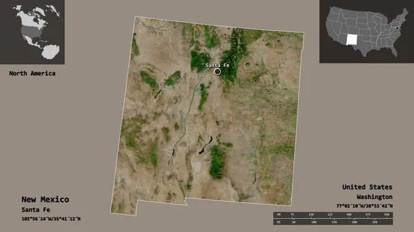 ニューメキシコ州 アメリカ合衆国本土 およびその首都の形 距離スケール プレビューおよびラベル 衛星画像 3Dレンダリング — ストック写真