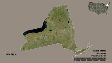 New York 'un şekli, Birleşik Devletler' in Anakara eyaleti, başkenti sağlam arka planda izole edilmiş. Uzaklık ölçeği, bölge önizlemesi ve etiketleri. Uydu görüntüleri. 3B görüntüleme