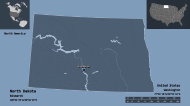 Kuzey Dakota 'nın şekli, Anakara Birleşik Devletleri eyaleti ve başkenti. Uzaklık ölçeği, ön gösterimler ve etiketler. Renkli yükseklik haritası. 3B görüntüleme