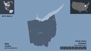 Ohio 'nun şekli, Anakara Birleşik Devletleri eyaleti ve başkenti. Uzaklık ölçeği, ön gösterimler ve etiketler. Renkli yükseklik haritası. 3B görüntüleme