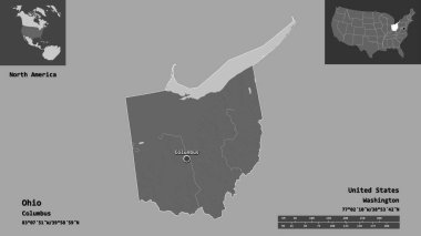 Ohio 'nun şekli, Anakara Birleşik Devletleri eyaleti ve başkenti. Uzaklık ölçeği, ön gösterimler ve etiketler. Çift seviyeli yükseklik haritası. 3B görüntüleme