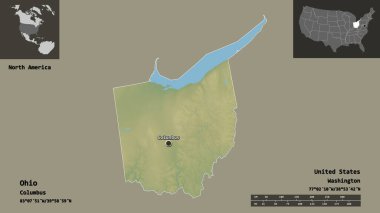 Ohio 'nun şekli, Anakara Birleşik Devletleri eyaleti ve başkenti. Uzaklık ölçeği, ön gösterimler ve etiketler. Topografik yardım haritası. 3B görüntüleme