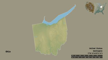 Ohio 'nun şekli, Birleşik Devletler' in Anakara eyaleti, başkenti sağlam arka planda izole edilmiş. Uzaklık ölçeği, bölge önizlemesi ve etiketleri. Topografik yardım haritası. 3B görüntüleme