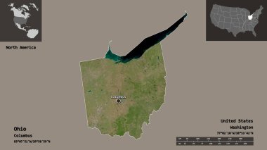 Ohio 'nun şekli, Anakara Birleşik Devletleri eyaleti ve başkenti. Uzaklık ölçeği, ön gösterimler ve etiketler. Uydu görüntüleri. 3B görüntüleme