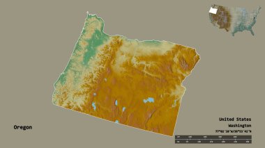 Oregon 'un şekli, Birleşik Devletler' in anakara eyaleti, başkenti sağlam arka planda izole edilmiş. Uzaklık ölçeği, bölge önizlemesi ve etiketleri. Topografik yardım haritası. 3B görüntüleme