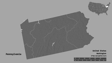 Pensilvanya 'nın şekli, Birleşik Devletler' in Anakara eyaleti, başkenti sağlam bir arka planda izole edilmiş. Uzaklık ölçeği, bölge önizlemesi ve etiketleri. Çift seviyeli yükseklik haritası. 3B görüntüleme