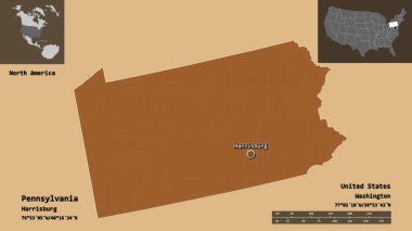 Pensilvanya 'nın şekli, Anakara Birleşik Devletleri ve başkenti. Uzaklık ölçeği, ön gösterimler ve etiketler. Desenli dokuların bileşimi. 3B görüntüleme