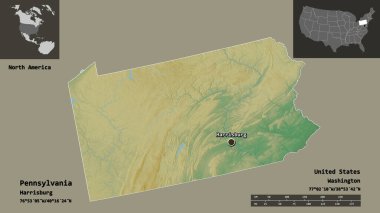 Pensilvanya 'nın şekli, Anakara Birleşik Devletleri ve başkenti. Uzaklık ölçeği, ön gösterimler ve etiketler. Topografik yardım haritası. 3B görüntüleme
