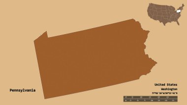 Pensilvanya 'nın şekli, Birleşik Devletler' in Anakara eyaleti, başkenti sağlam bir arka planda izole edilmiş. Uzaklık ölçeği, bölge önizlemesi ve etiketleri. Desenli dokuların bileşimi. 3B görüntüleme