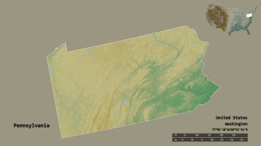 Pensilvanya 'nın şekli, Birleşik Devletler' in Anakara eyaleti, başkenti sağlam bir arka planda izole edilmiş. Uzaklık ölçeği, bölge önizlemesi ve etiketleri. Topografik yardım haritası. 3B görüntüleme