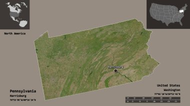Pensilvanya 'nın şekli, Anakara Birleşik Devletleri ve başkenti. Uzaklık ölçeği, ön gösterimler ve etiketler. Uydu görüntüleri. 3B görüntüleme
