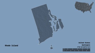 Rhode Island 'ın şekli, Birleşik Devletler' in anakara eyaleti, başkenti sağlam bir zemin üzerinde izole edilmiş. Uzaklık ölçeği, bölge önizlemesi ve etiketleri. Renkli yükseklik haritası. 3B görüntüleme