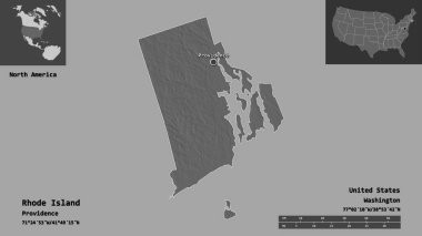 Rhode Island 'ın şekli, Anakara Birleşik Devletleri eyaleti ve başkenti. Uzaklık ölçeği, ön gösterimler ve etiketler. Çift seviyeli yükseklik haritası. 3B görüntüleme