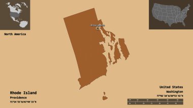 Rhode Island 'ın şekli, Anakara Birleşik Devletleri eyaleti ve başkenti. Uzaklık ölçeği, ön gösterimler ve etiketler. Desenli dokuların bileşimi. 3B görüntüleme
