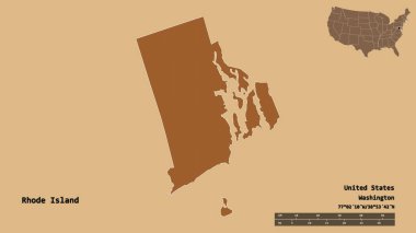 Rhode Island 'ın şekli, Birleşik Devletler' in anakara eyaleti, başkenti sağlam bir zemin üzerinde izole edilmiş. Uzaklık ölçeği, bölge önizlemesi ve etiketleri. Desenli dokuların bileşimi. 3B görüntüleme