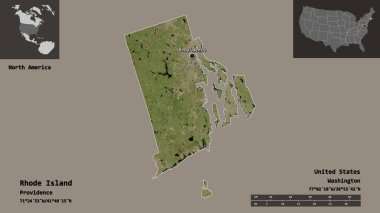 Rhode Island 'ın şekli, Anakara Birleşik Devletleri eyaleti ve başkenti. Uzaklık ölçeği, ön gösterimler ve etiketler. Uydu görüntüleri. 3B görüntüleme