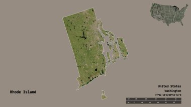 Rhode Island 'ın şekli, Birleşik Devletler' in anakara eyaleti, başkenti sağlam bir zemin üzerinde izole edilmiş. Uzaklık ölçeği, bölge önizlemesi ve etiketleri. Uydu görüntüleri. 3B görüntüleme