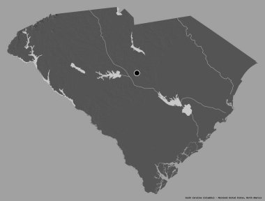 Güney Carolina 'nın şekli, Birleşik Devletler' in Anakara eyaleti, başkenti katı renk arka planında izole edilmiş. Çift seviyeli yükseklik haritası. 3B görüntüleme