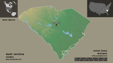 Güney Carolina 'nın şekli, Anakara Birleşik Devletleri eyaleti ve başkenti. Uzaklık ölçeği, ön gösterimler ve etiketler. Topografik yardım haritası. 3B görüntüleme