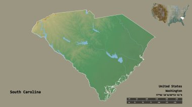 Güney Carolina 'nın şekli, Birleşik Devletler' in Anakara eyaleti, başkenti sağlam bir arka planda izole edilmiş. Uzaklık ölçeği, bölge önizlemesi ve etiketleri. Topografik yardım haritası. 3B görüntüleme