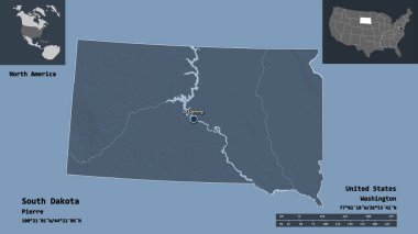 Güney Dakota 'nın şekli, Anakara Birleşik Devletleri eyaleti ve başkenti. Uzaklık ölçeği, ön gösterimler ve etiketler. Renkli yükseklik haritası. 3B görüntüleme