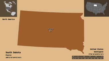 Güney Dakota 'nın şekli, Anakara Birleşik Devletleri eyaleti ve başkenti. Uzaklık ölçeği, ön gösterimler ve etiketler. Desenli dokuların bileşimi. 3B görüntüleme