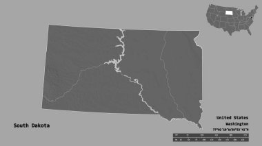 Güney Dakota 'nın şekli, Birleşik Devletler' in Anakara eyaleti, başkenti sağlam arka planda izole edilmiş. Uzaklık ölçeği, bölge önizlemesi ve etiketleri. Çift seviyeli yükseklik haritası. 3B görüntüleme