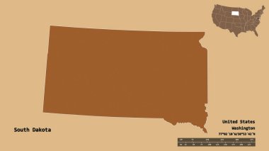 Güney Dakota 'nın şekli, Birleşik Devletler' in Anakara eyaleti, başkenti sağlam arka planda izole edilmiş. Uzaklık ölçeği, bölge önizlemesi ve etiketleri. Desenli dokuların bileşimi. 3B görüntüleme