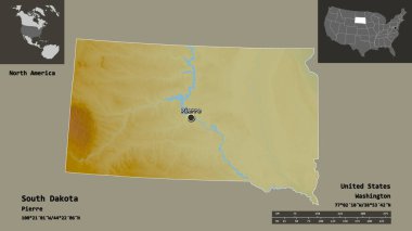 Güney Dakota 'nın şekli, Anakara Birleşik Devletleri eyaleti ve başkenti. Uzaklık ölçeği, ön gösterimler ve etiketler. Topografik yardım haritası. 3B görüntüleme
