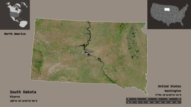 Güney Dakota 'nın şekli, Anakara Birleşik Devletleri eyaleti ve başkenti. Uzaklık ölçeği, ön gösterimler ve etiketler. Uydu görüntüleri. 3B görüntüleme