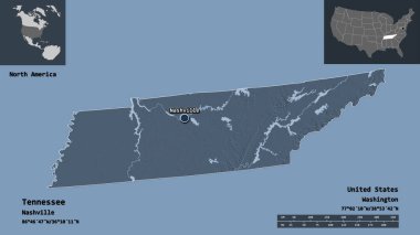 Tennessee 'nin şekli, Birleşik Devletler' in anakara eyaleti ve başkenti. Uzaklık ölçeği, ön gösterimler ve etiketler. Renkli yükseklik haritası. 3B görüntüleme