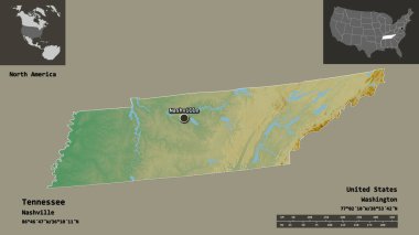 Tennessee 'nin şekli, Birleşik Devletler' in anakara eyaleti ve başkenti. Uzaklık ölçeği, ön gösterimler ve etiketler. Topografik yardım haritası. 3B görüntüleme