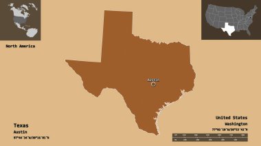 Teksas 'ın şekli, Birleşik Devletler' in anakarası ve başkenti. Uzaklık ölçeği, ön gösterimler ve etiketler. Desenli dokuların bileşimi. 3B görüntüleme