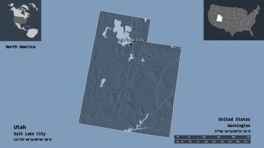 Utah 'ın şekli, Birleşik Devletler' in anakara eyaleti ve başkenti. Uzaklık ölçeği, ön gösterimler ve etiketler. Renkli yükseklik haritası. 3B görüntüleme