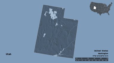 Utah 'ın şekli, Birleşik Devletler Anakara Eyaleti, başkenti sağlam bir arka planda izole edilmiş. Uzaklık ölçeği, bölge önizlemesi ve etiketleri. Renkli yükseklik haritası. 3B görüntüleme