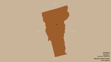 Vermont bölgesi, Birleşik Devletler 'in Anakara Eyaleti, jeoreferatlı bir sınır kutusunda sağlam bir arka planda izole edilmiş. Etiketler. Desenli dokuların bileşimi. 3B görüntüleme